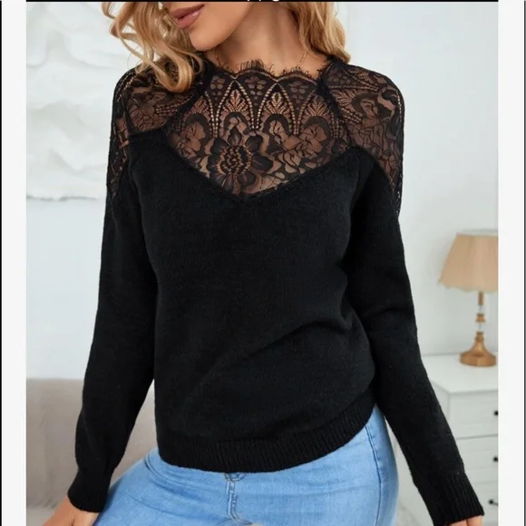 Comfy Sheer Mesh Lace Sleeve Sweater Top Black Sexy - Picture 1 of 6